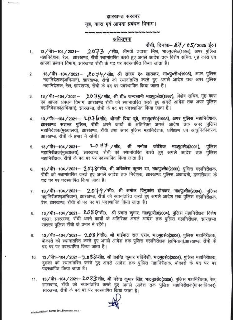 Major reshuffle of IPS officers in Jharkhand, SPs of many districts changed