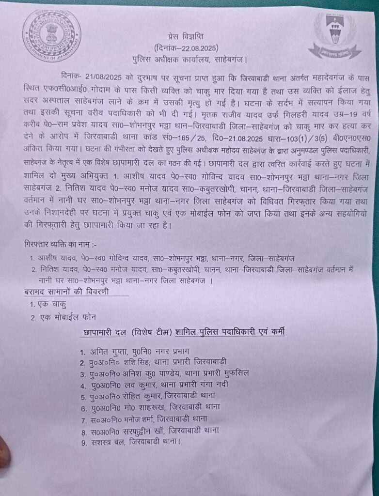 Sahibganj: Two accused of stabbing incident arrested, success achieved due to promptness of Jirawadi police station in-charge Shashi Singh